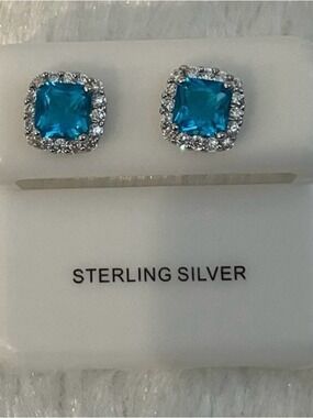 Sterling Silver Blue Moissanite Halo Stud Earrings
